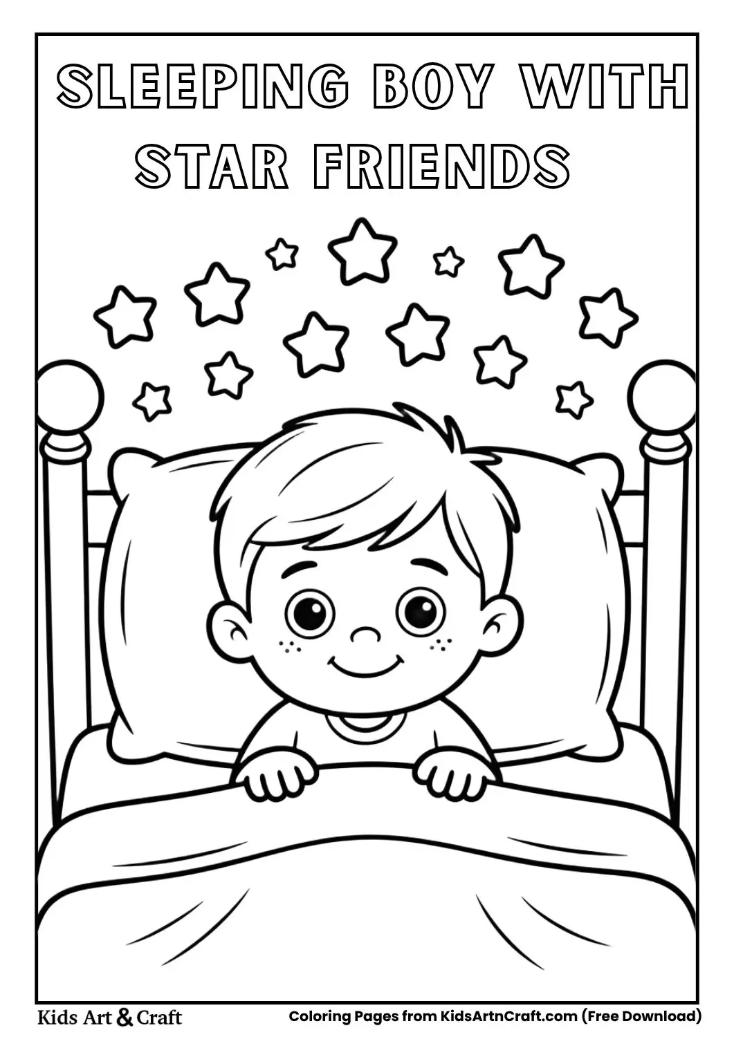 Sleeping boy with small star friends coloring page for children