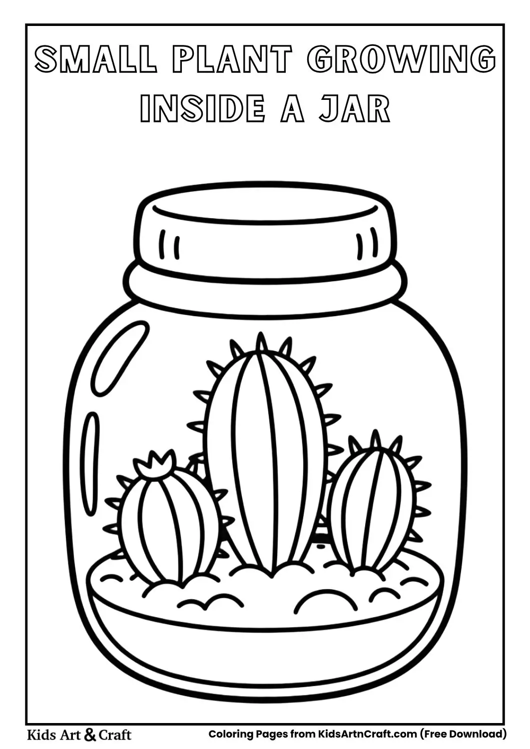 small plant growing inside a jar with soil layers black and white coloring page for children