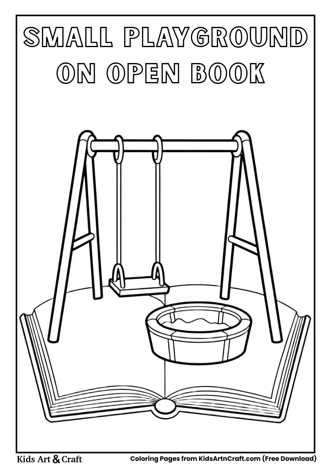 small playground on an open book with swing and sandbox black and white coloring sheet