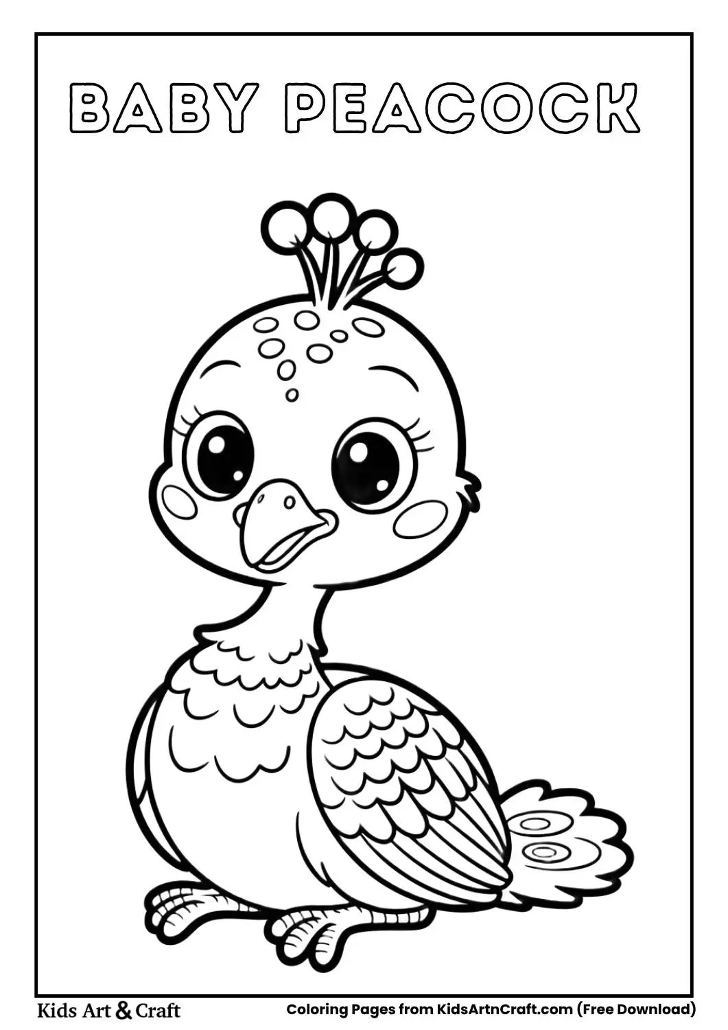Smiling cartoon peacock sitting simple coloring page