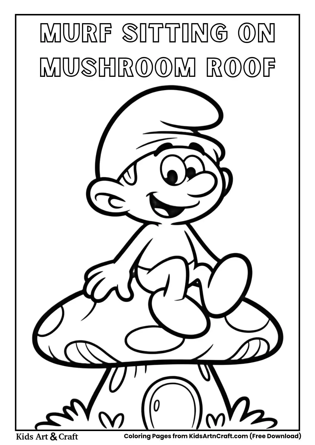 smurf sitting on mushroom house roof black and white coloring page for kids