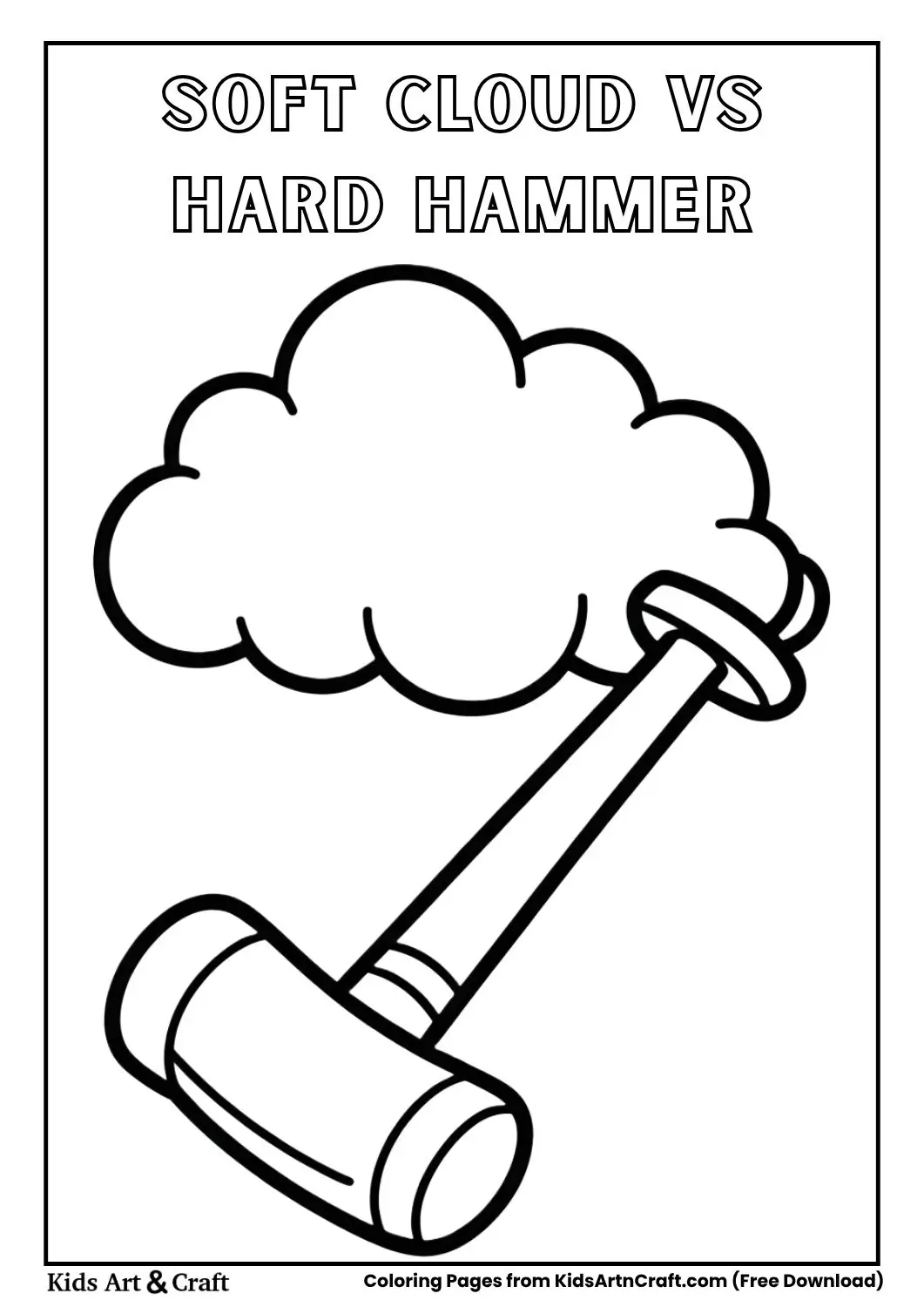 Soft cloud and hard hammer black and white coloring page for children