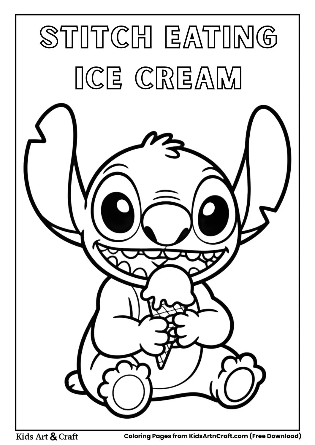 Stitch eating ice cream black and white coloring page for kids