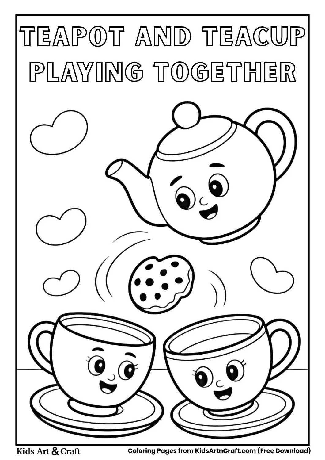 Teapot and teacup playing catch with a cookie simple kids coloring page