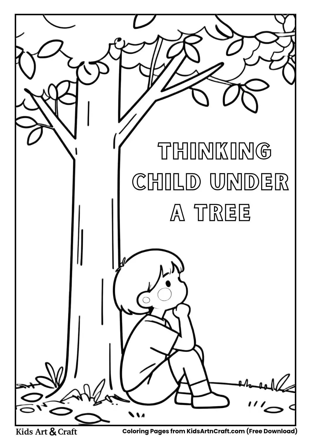 child sitting under a tree thinking peaceful coloring page for kids