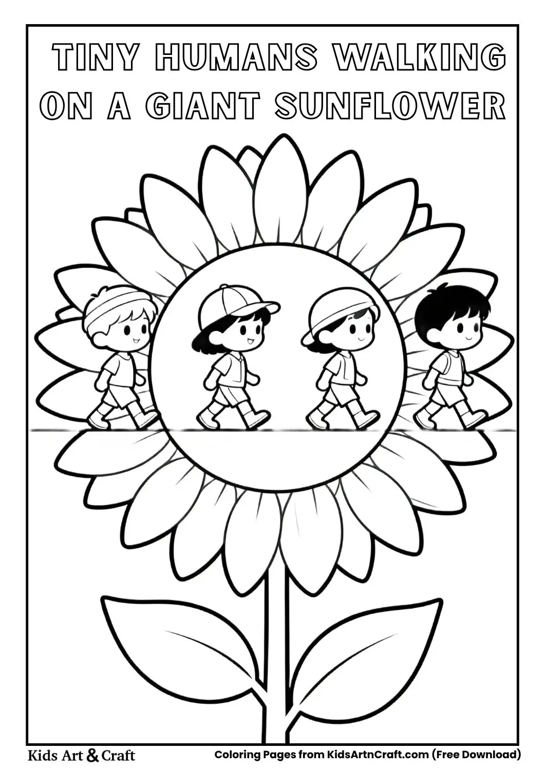 Tiny humans walking across a giant sunflower coloring page