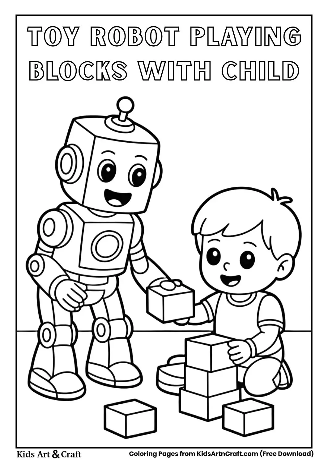 Toy robot playing with a child building blocks coloring page black and white