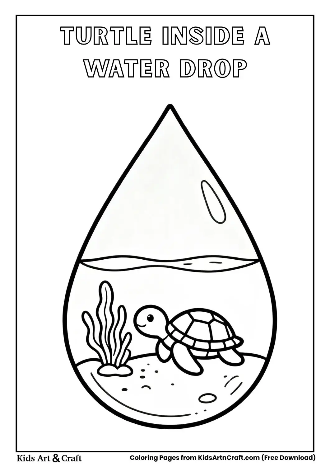 Small turtle and seaweed inside a water droplet coloring page