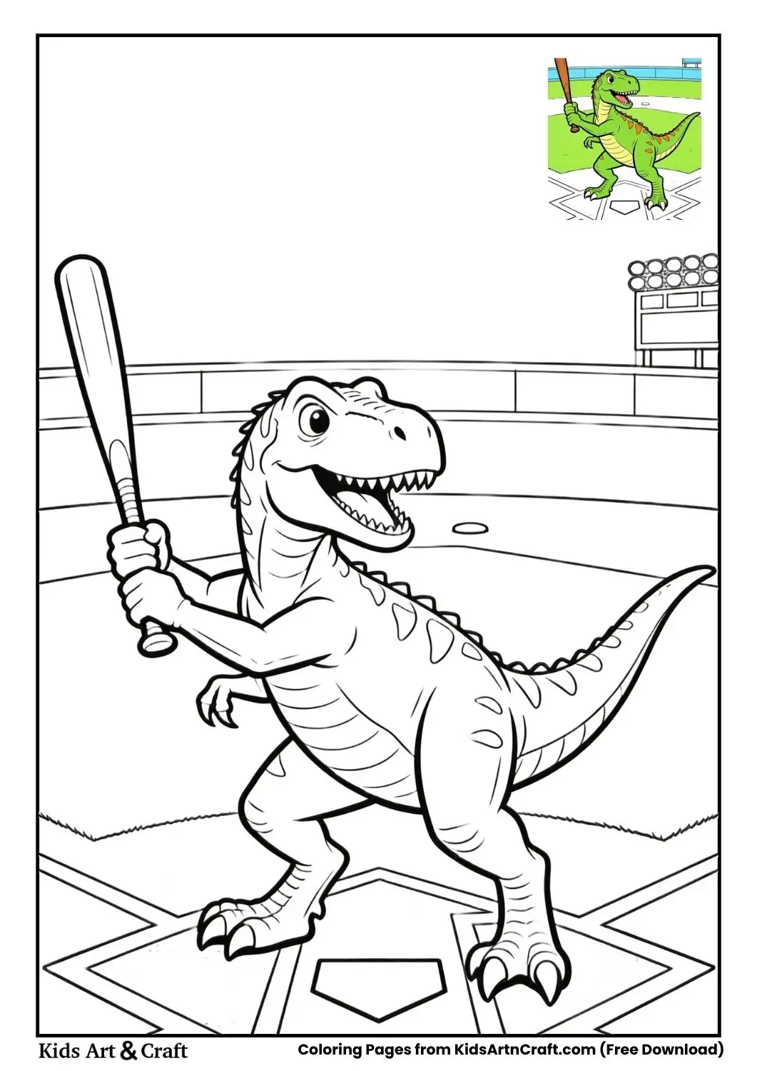 Black and white Velociraptor swinging a baseball bat