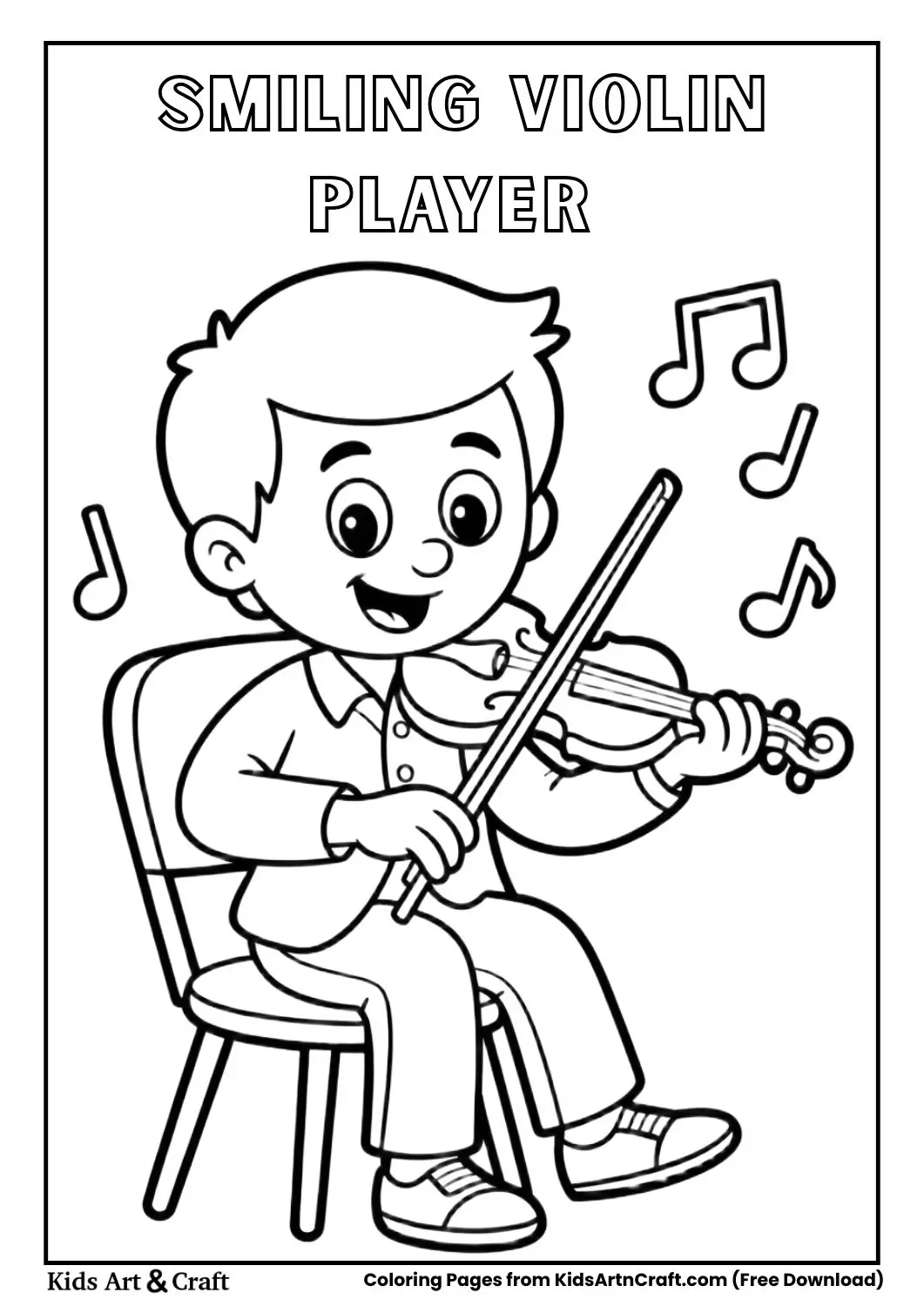 cartoon violin player sitting and playing violin black and white kids coloring page