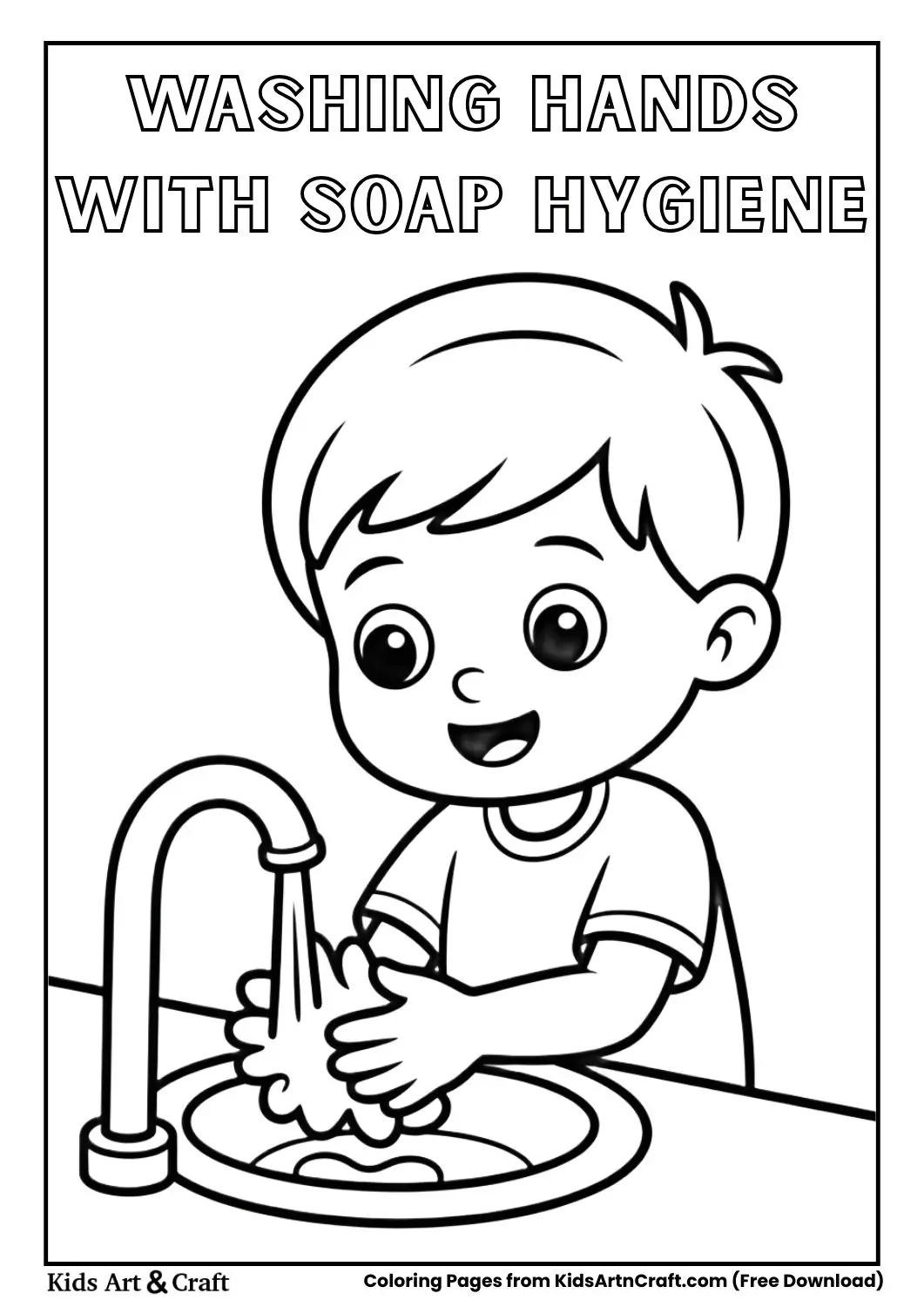 child washing hands with soap hygiene coloring page