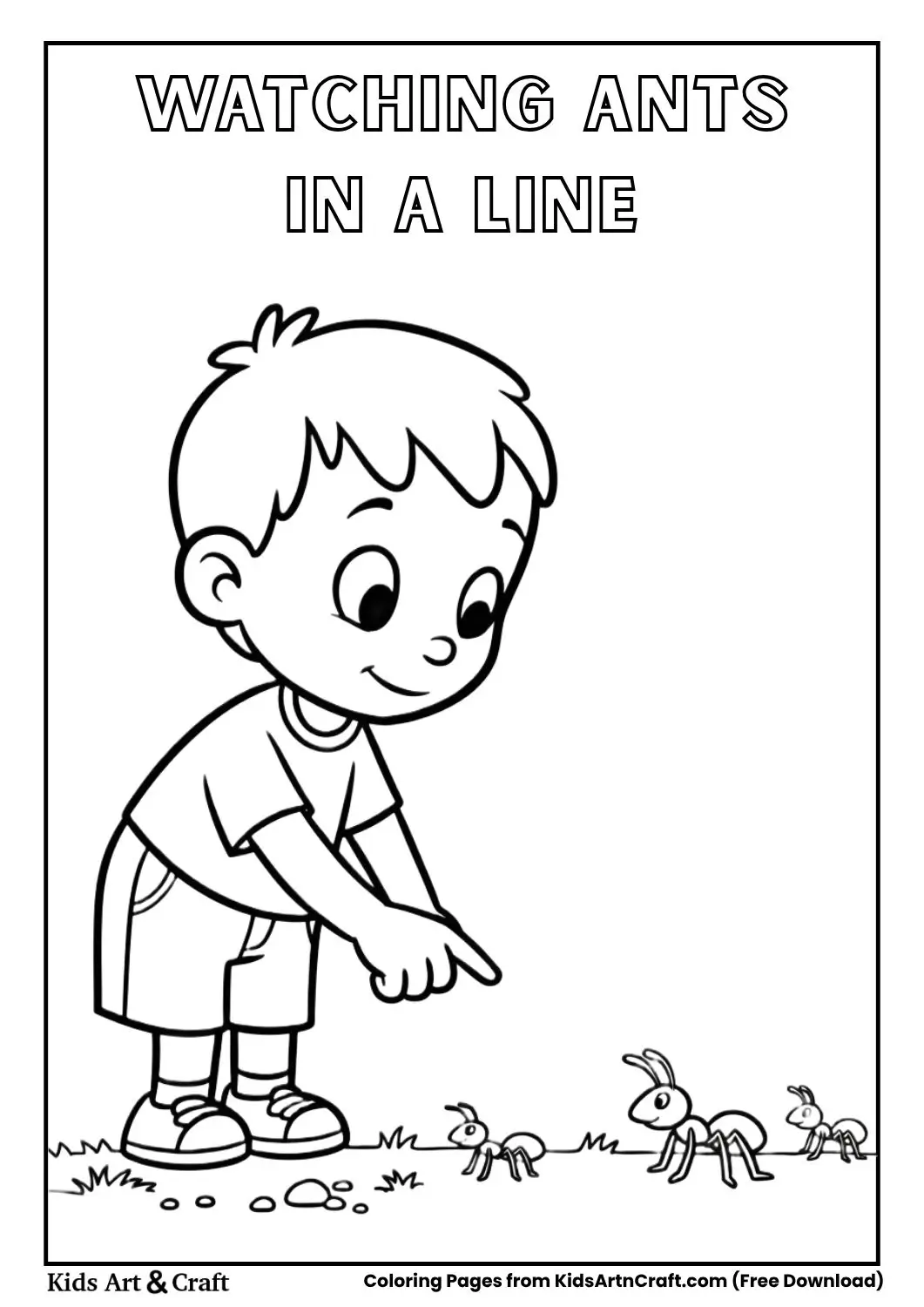Child pointing at ants walking in a line coloring page