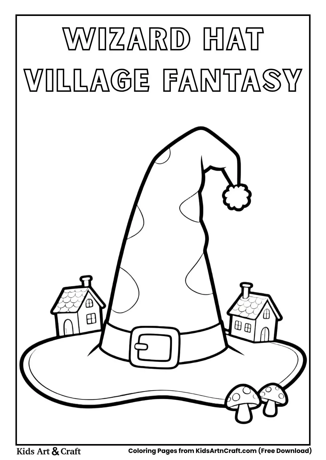 large wizard hat with small houses coloring page for kids