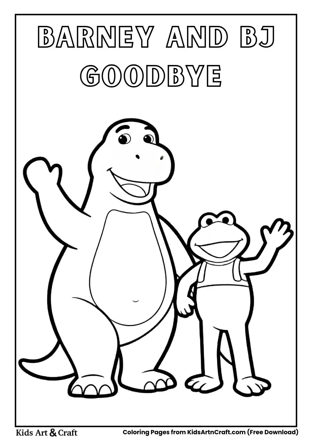 Barney and BJ waving goodbye cartoon coloring page