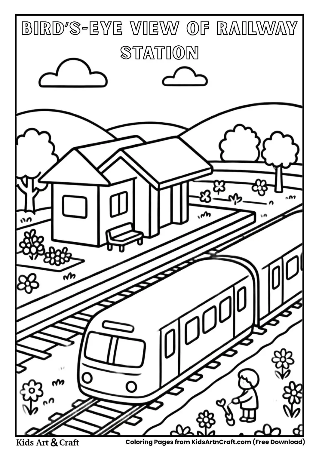 Top view of station with trains and tracks