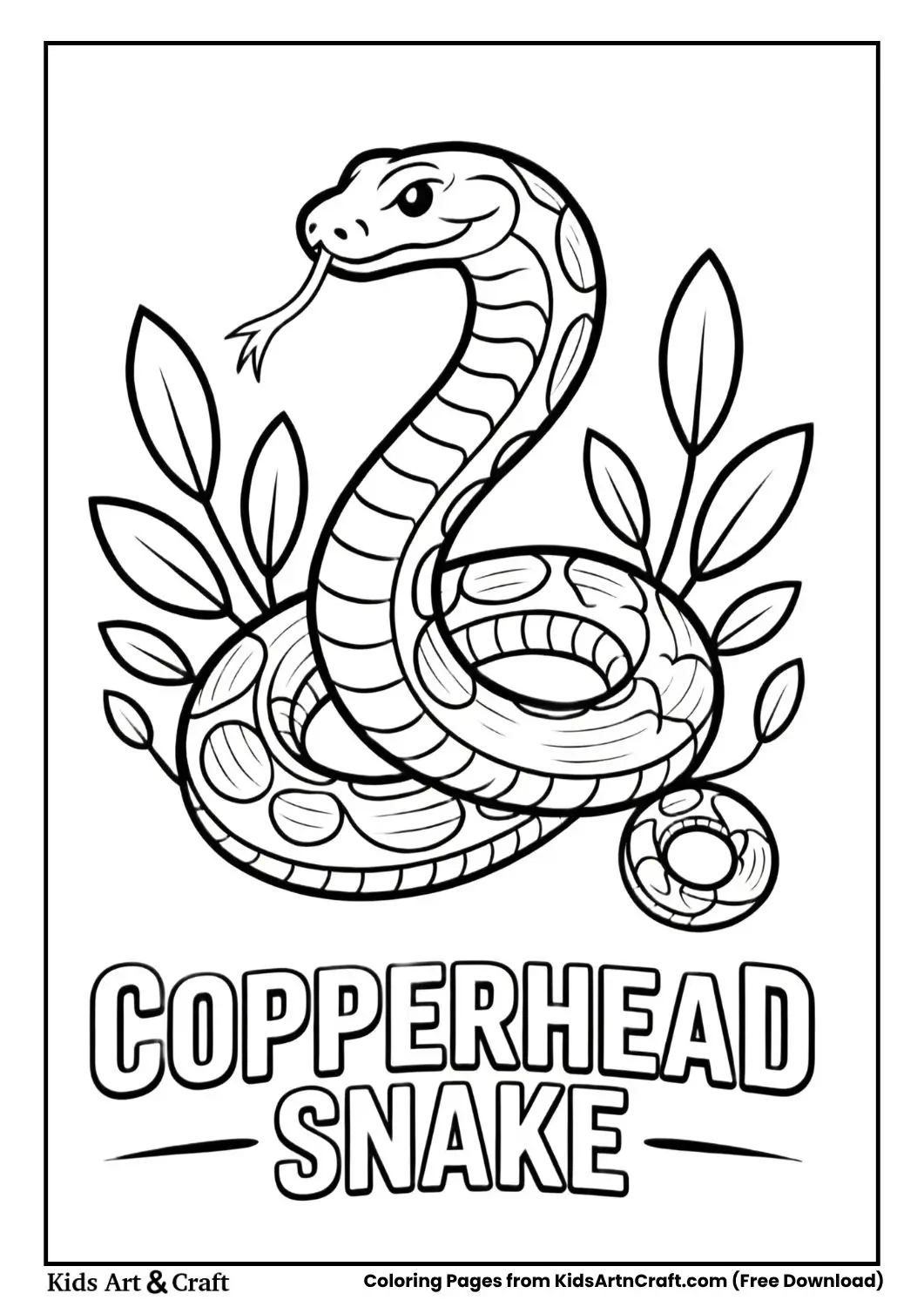 Copperhead snake coiled with leaves coloring page