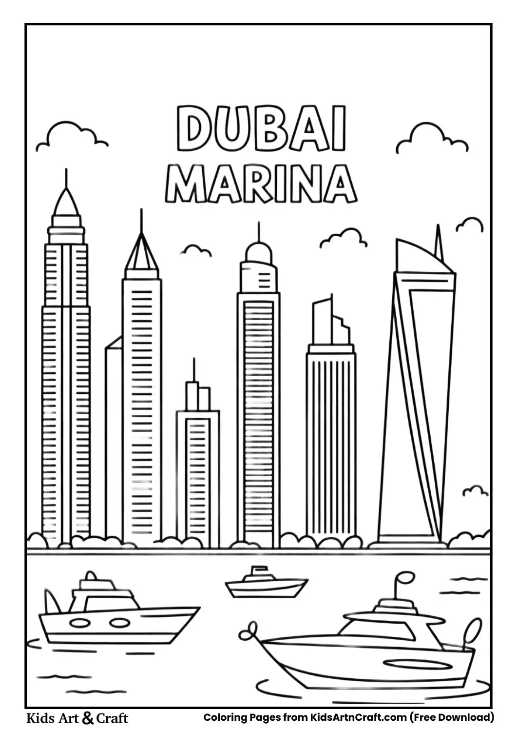 Dubai Marina skyline buildings and boats black and white coloring page