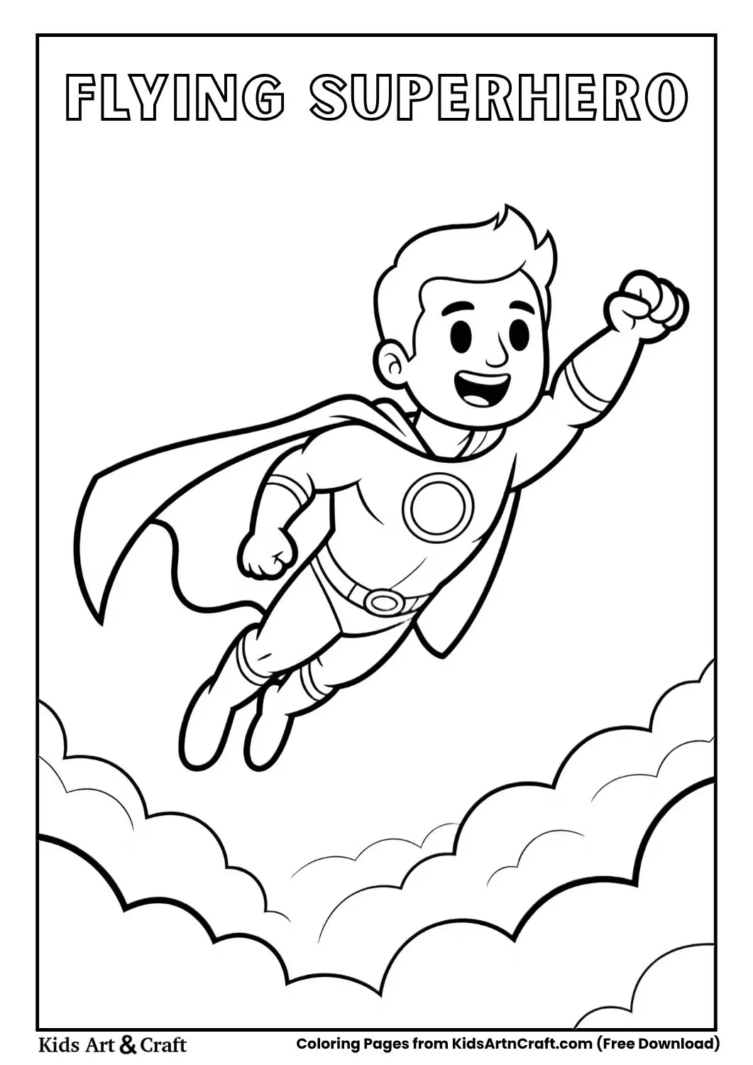 flying superhero black and white kids coloring page
