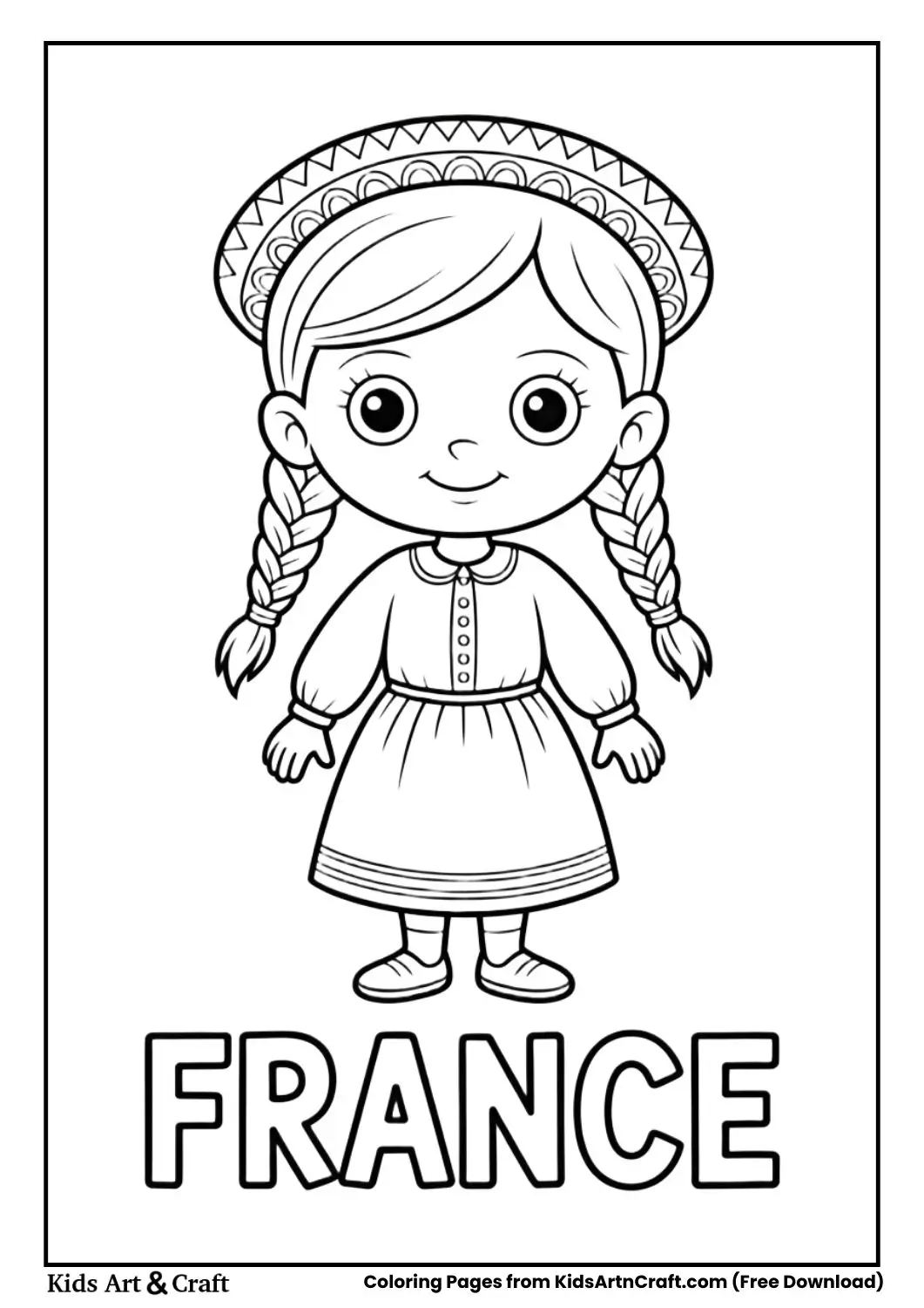 Girl wearing French Breton traditional costume coloring page with country name France