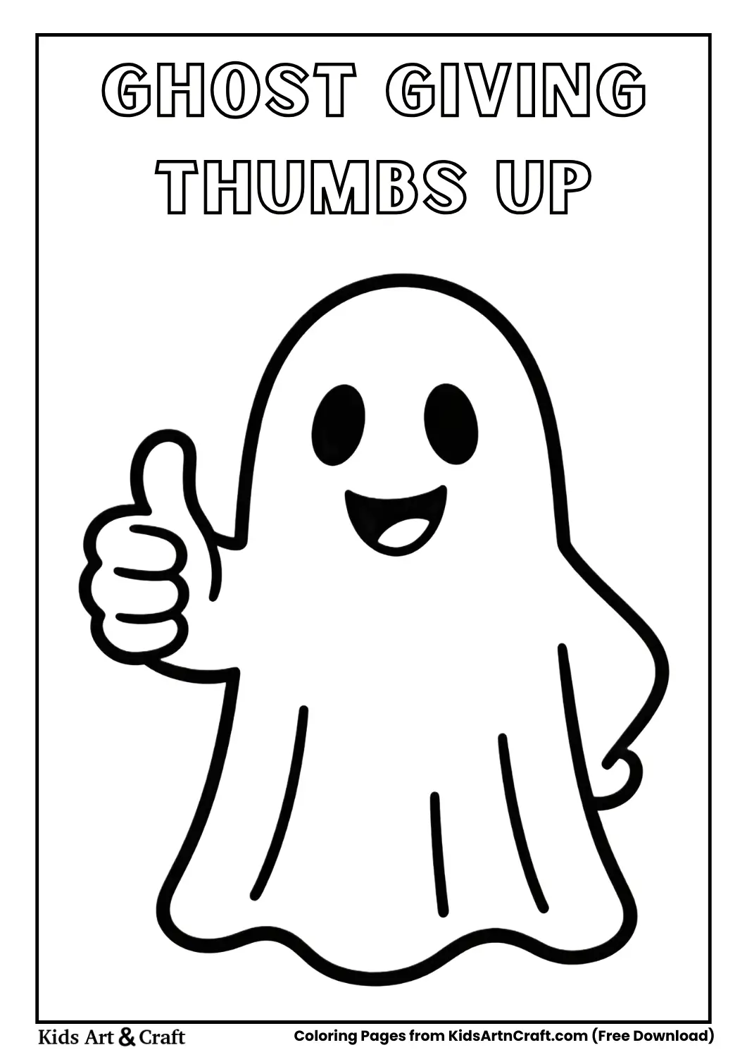 Cute ghost giving thumbs up, easy black and white Halloween coloring page