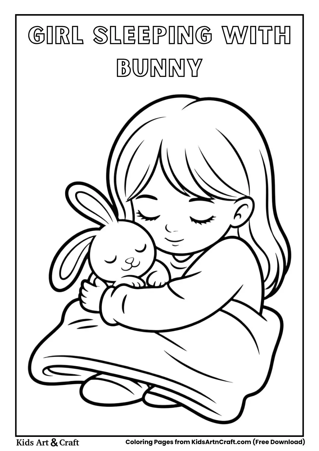 Girl sleeping peacefully with bunny curled beside coloring page