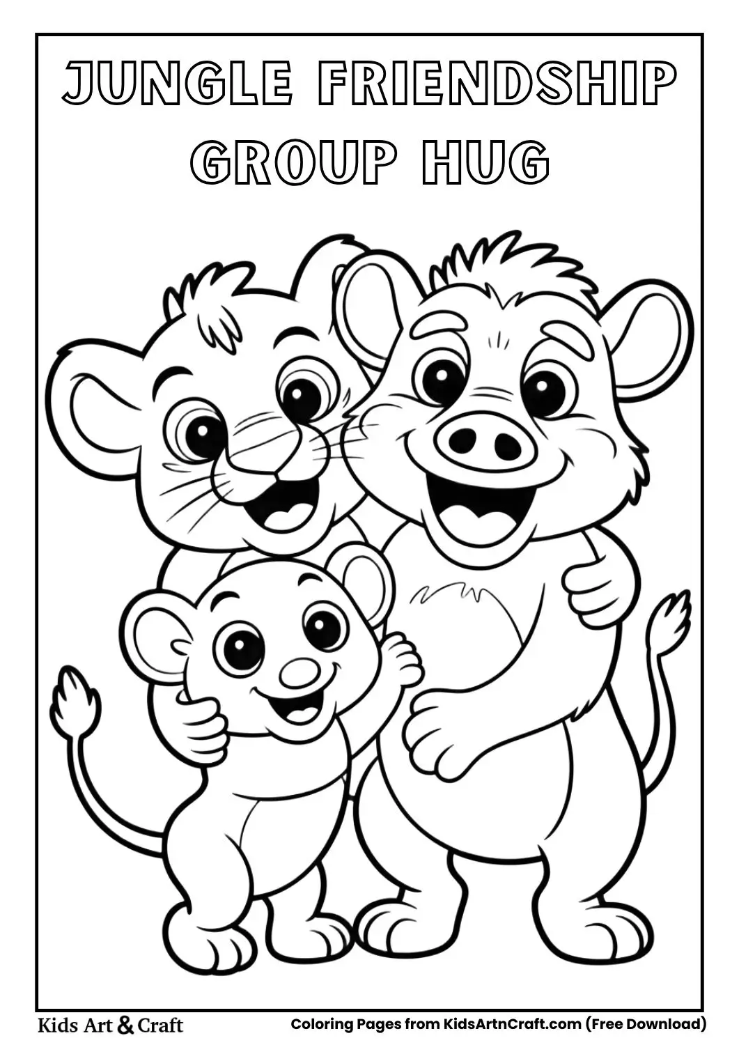 Lion cub warthog and meerkat group hug jungle coloring page