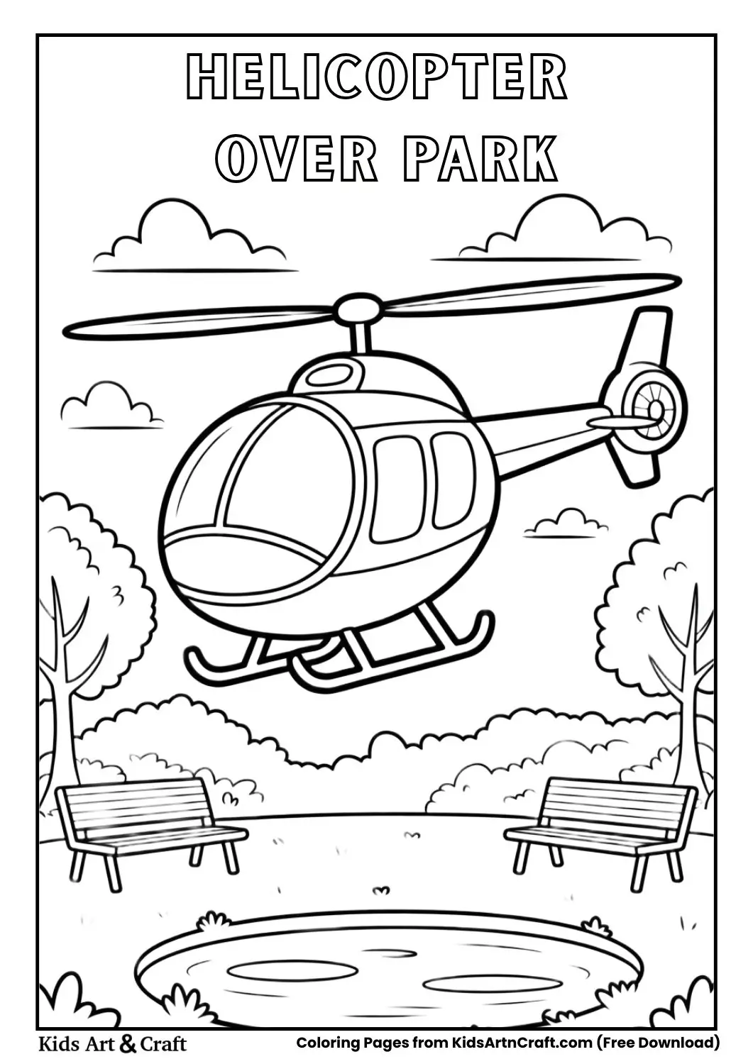 Helicopter flying above park with trees bench and pond black and white coloring page