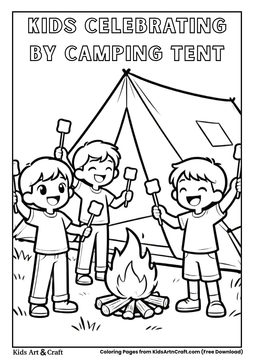 kids celebrating near camping tent and campfire coloring page