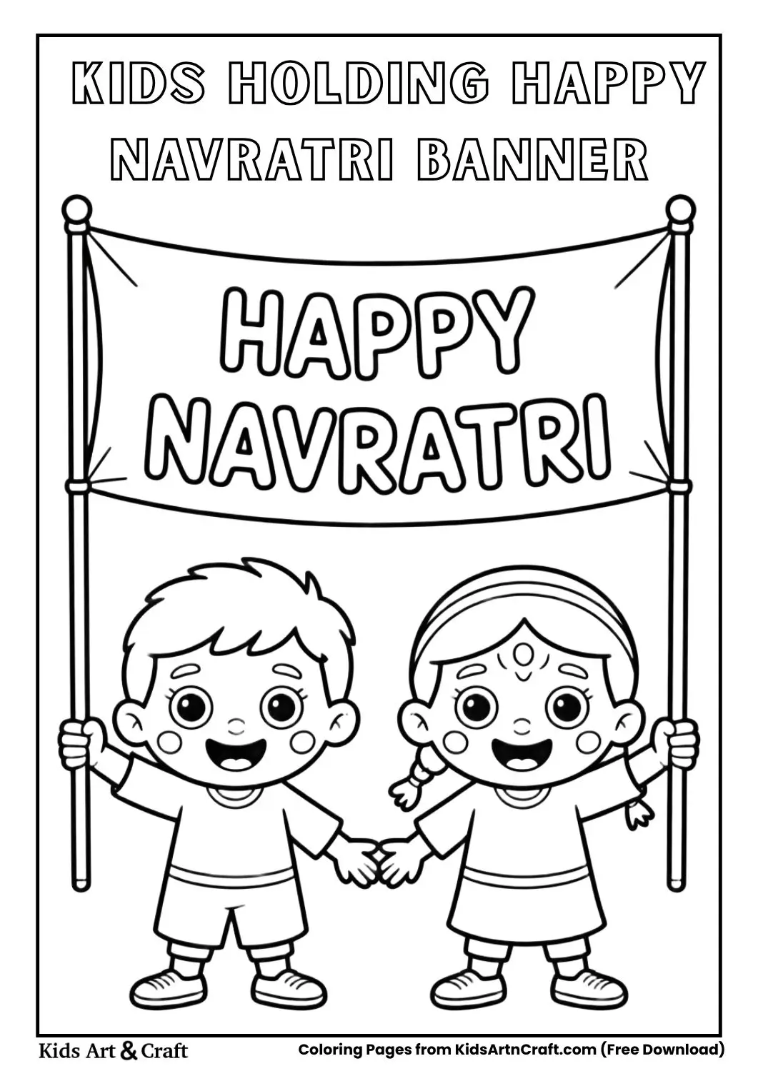 Kids holding Happy Navratri banner coloring page