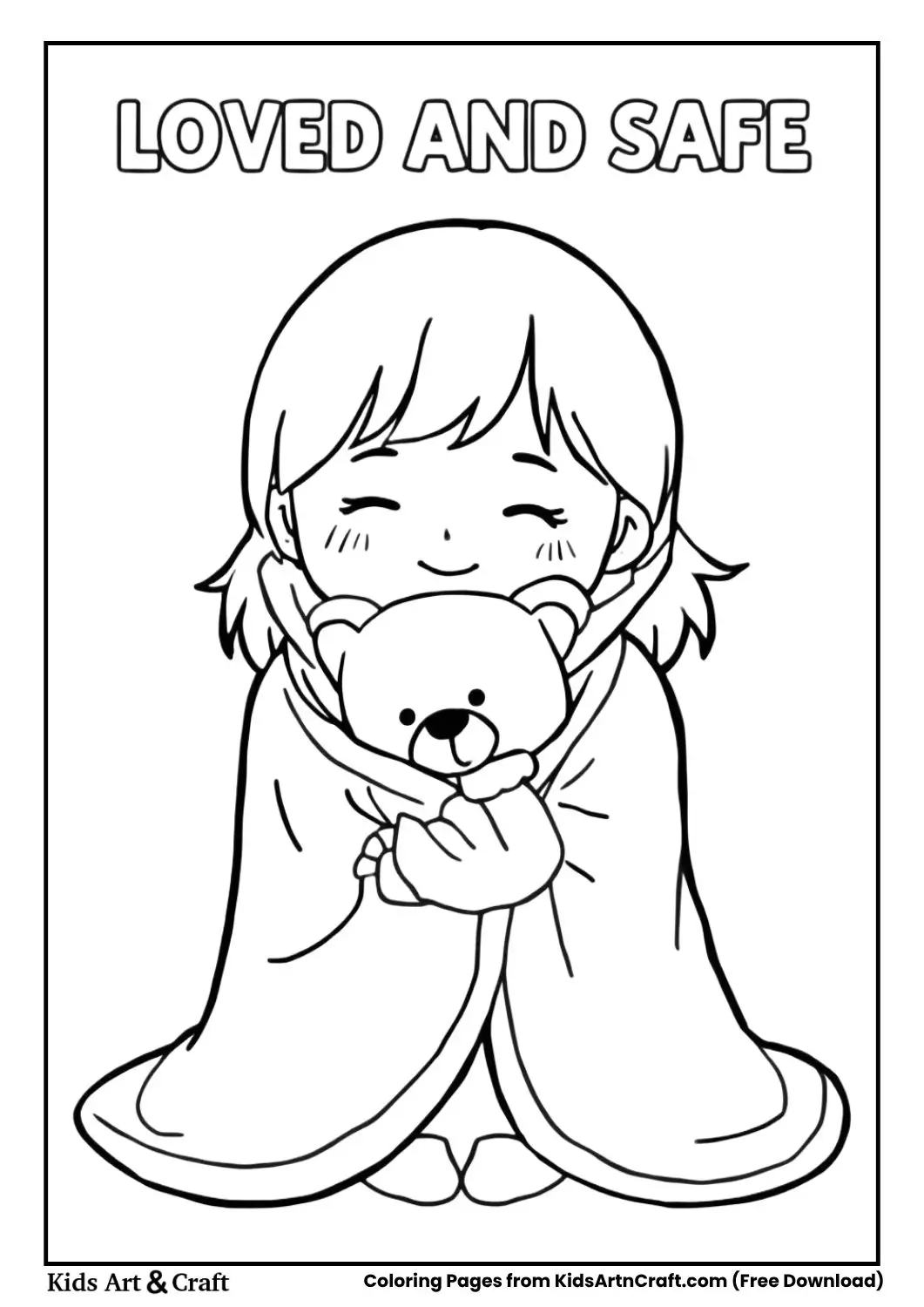 Loved and safe kid emotion coloring page with child in blanket hugging teddy