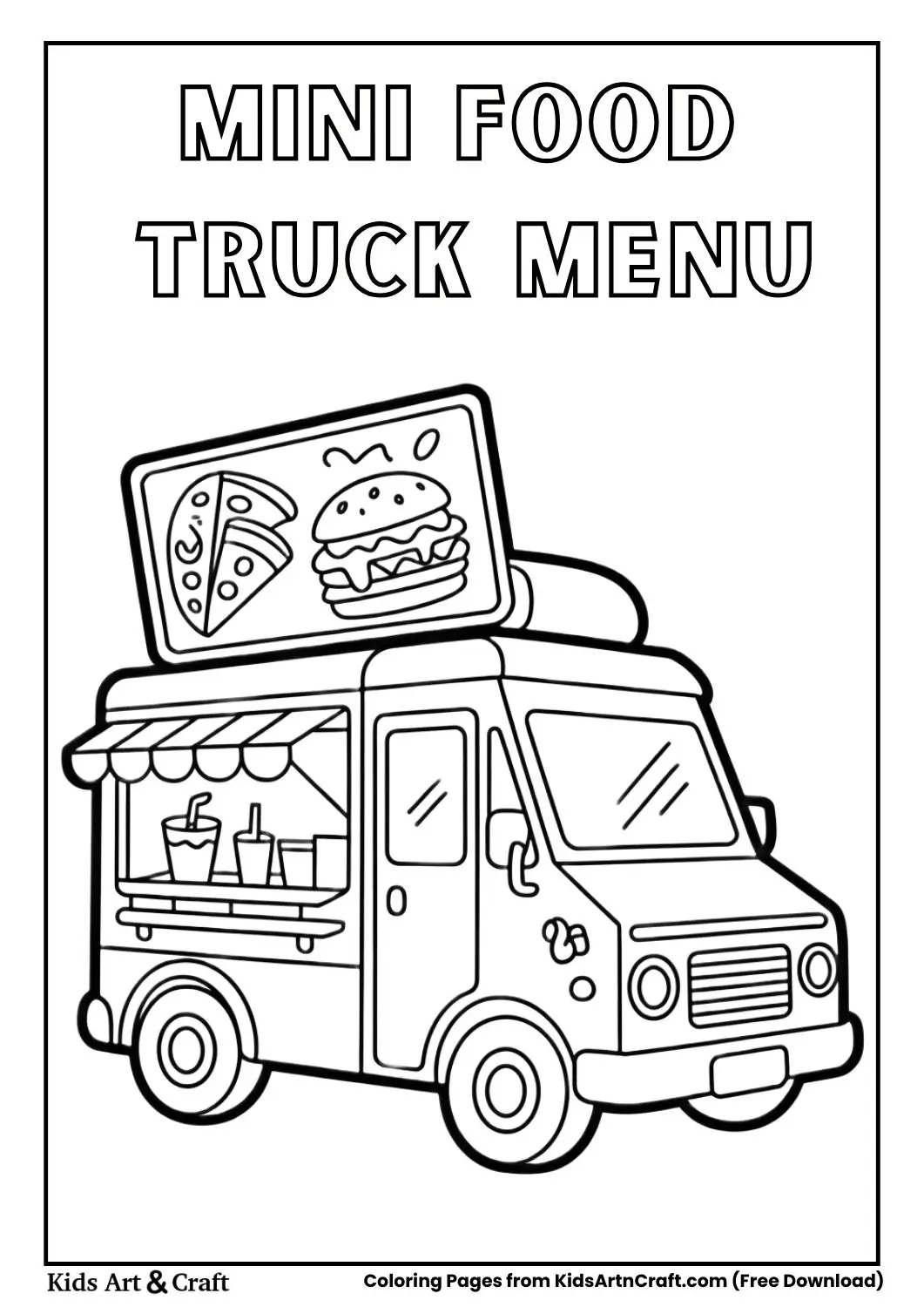 small food truck with menu board showing pizza burgers and drinks coloring page