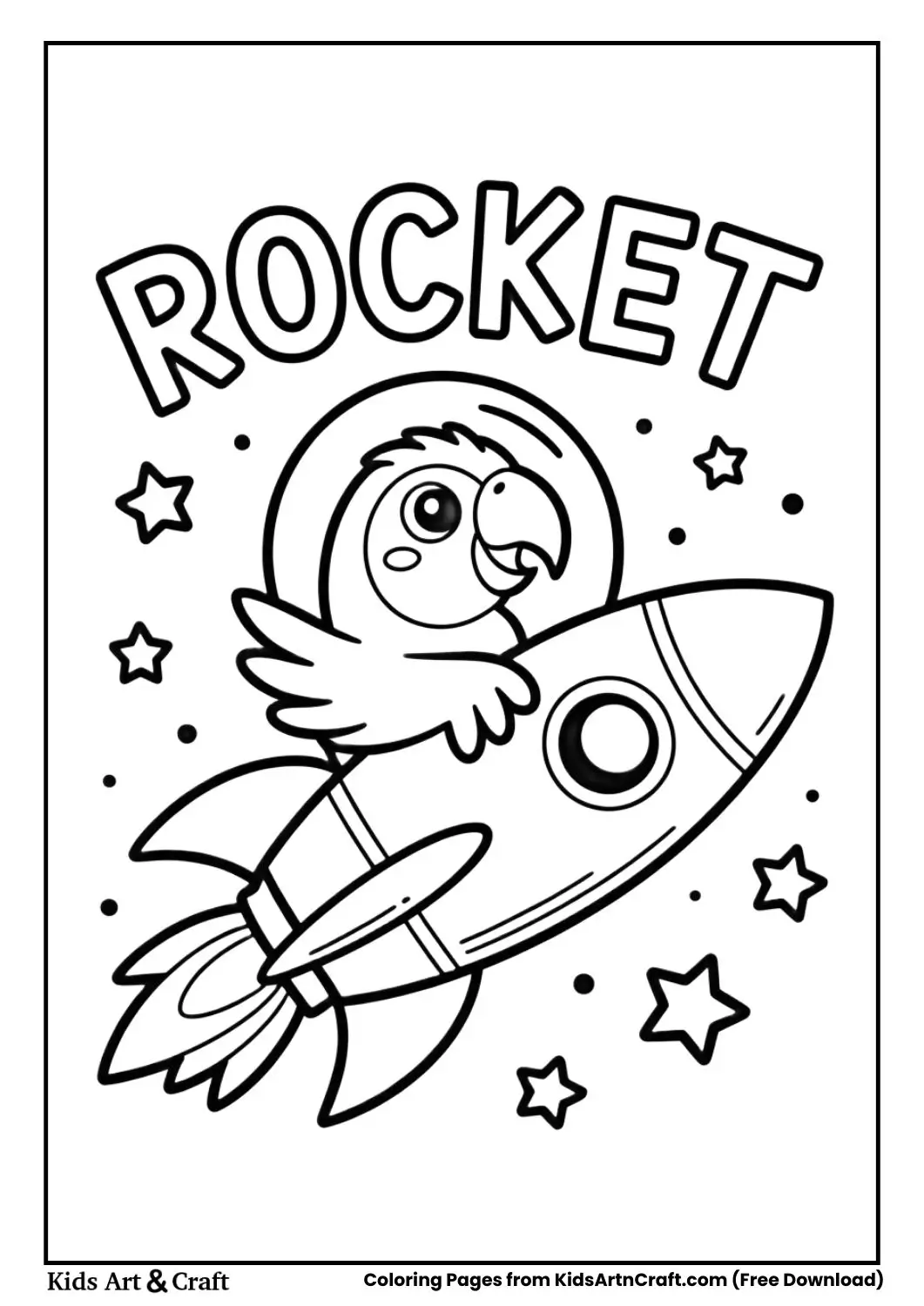 parrot riding rocket coloring page for kids