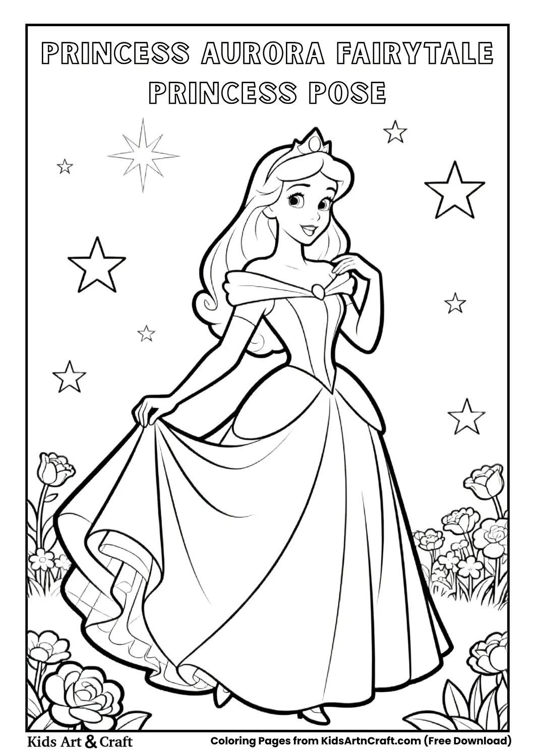 Princess Aurora fairy tale princess pose coloring page