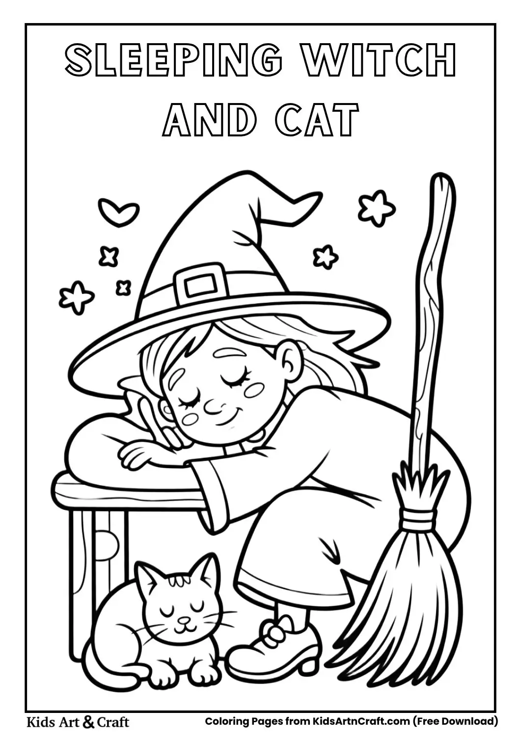 Sleeping witch and cat beside broom coloring page
