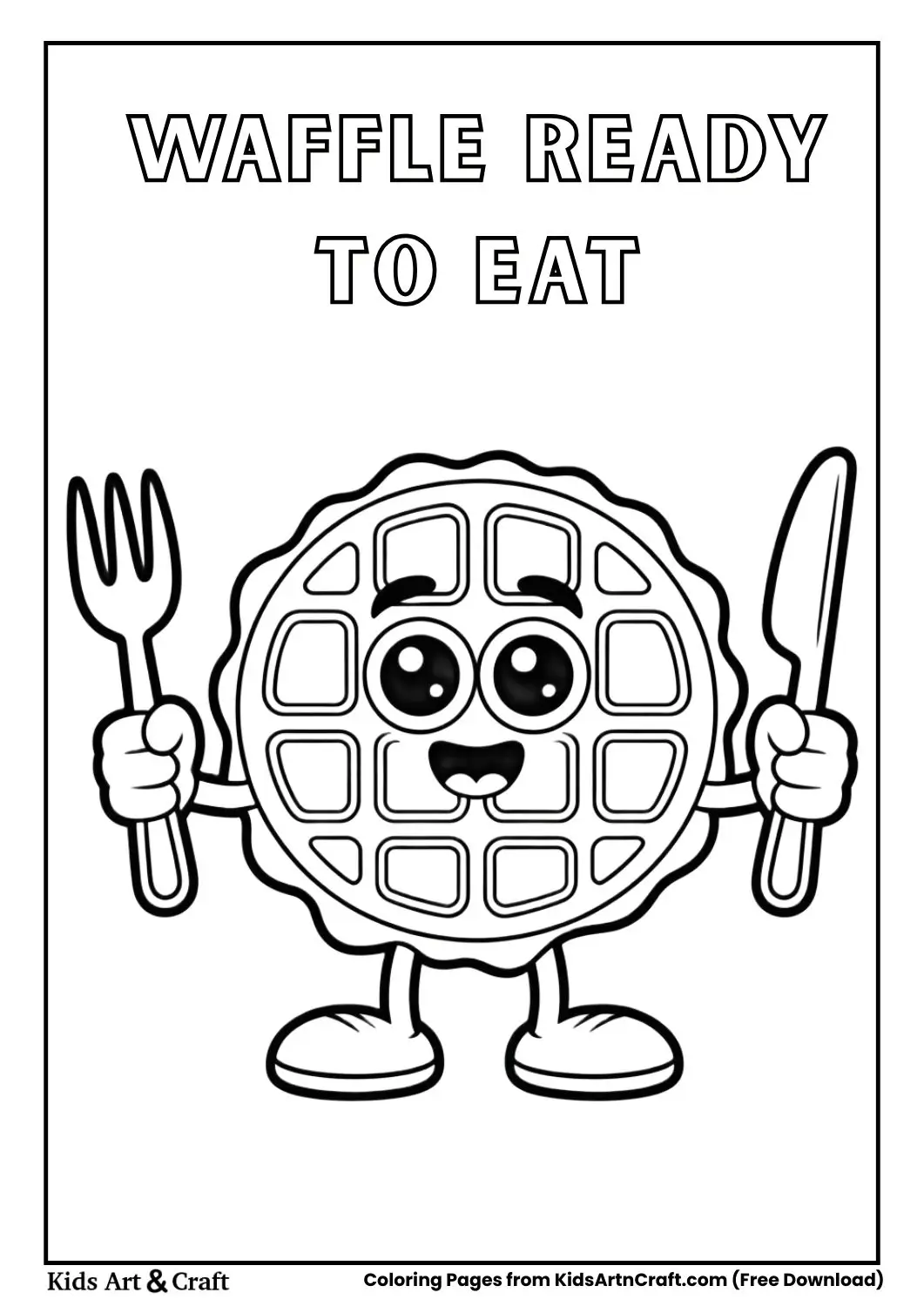 cute waffle holding fork and knife cartoon coloring page