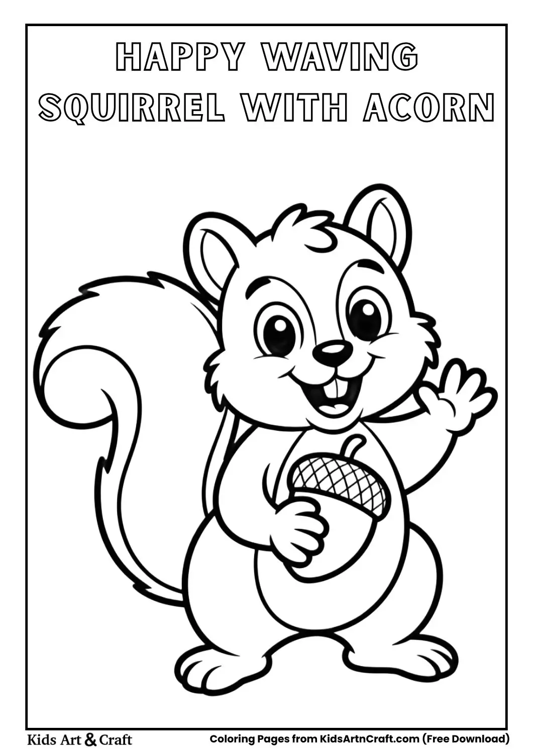 happy squirrel waving while holding acorn coloring page