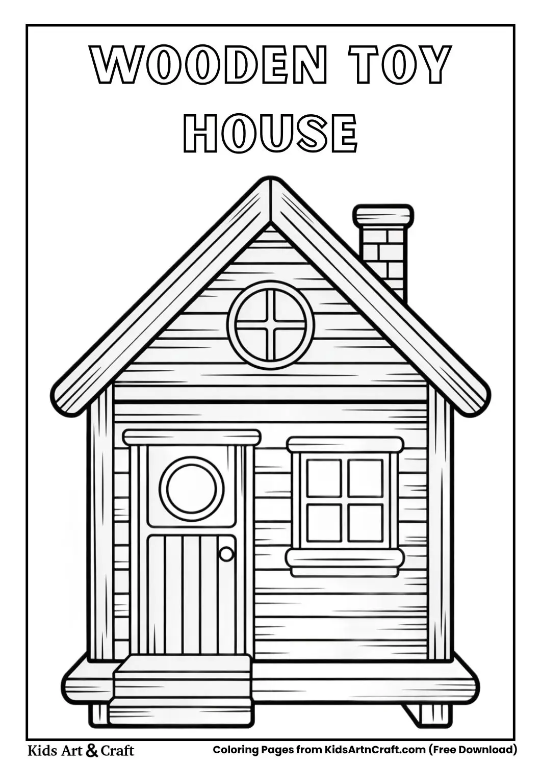 Simple wooden toy house black and white coloring page for kids