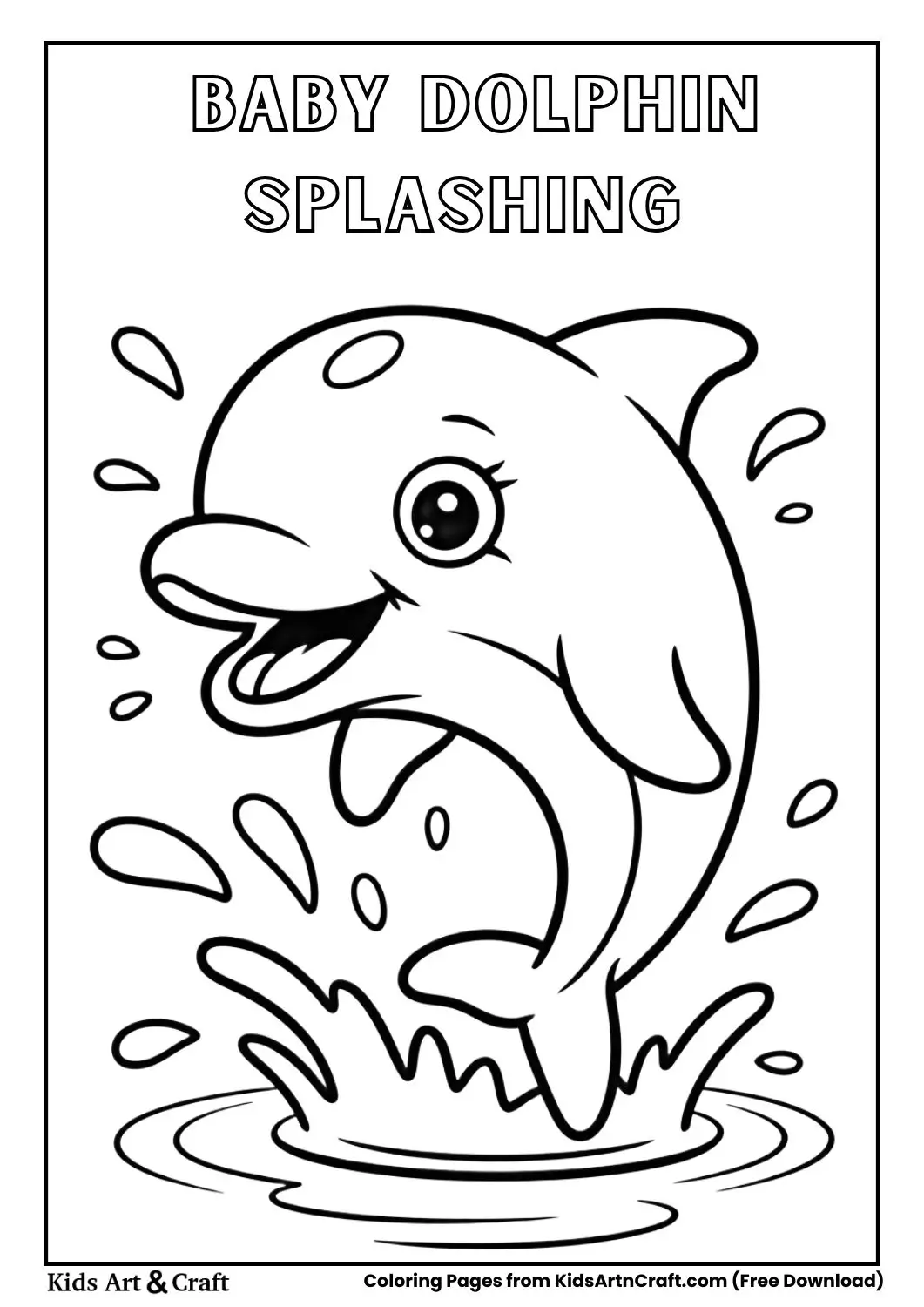 Baby dolphin splashing water simple coloring page
