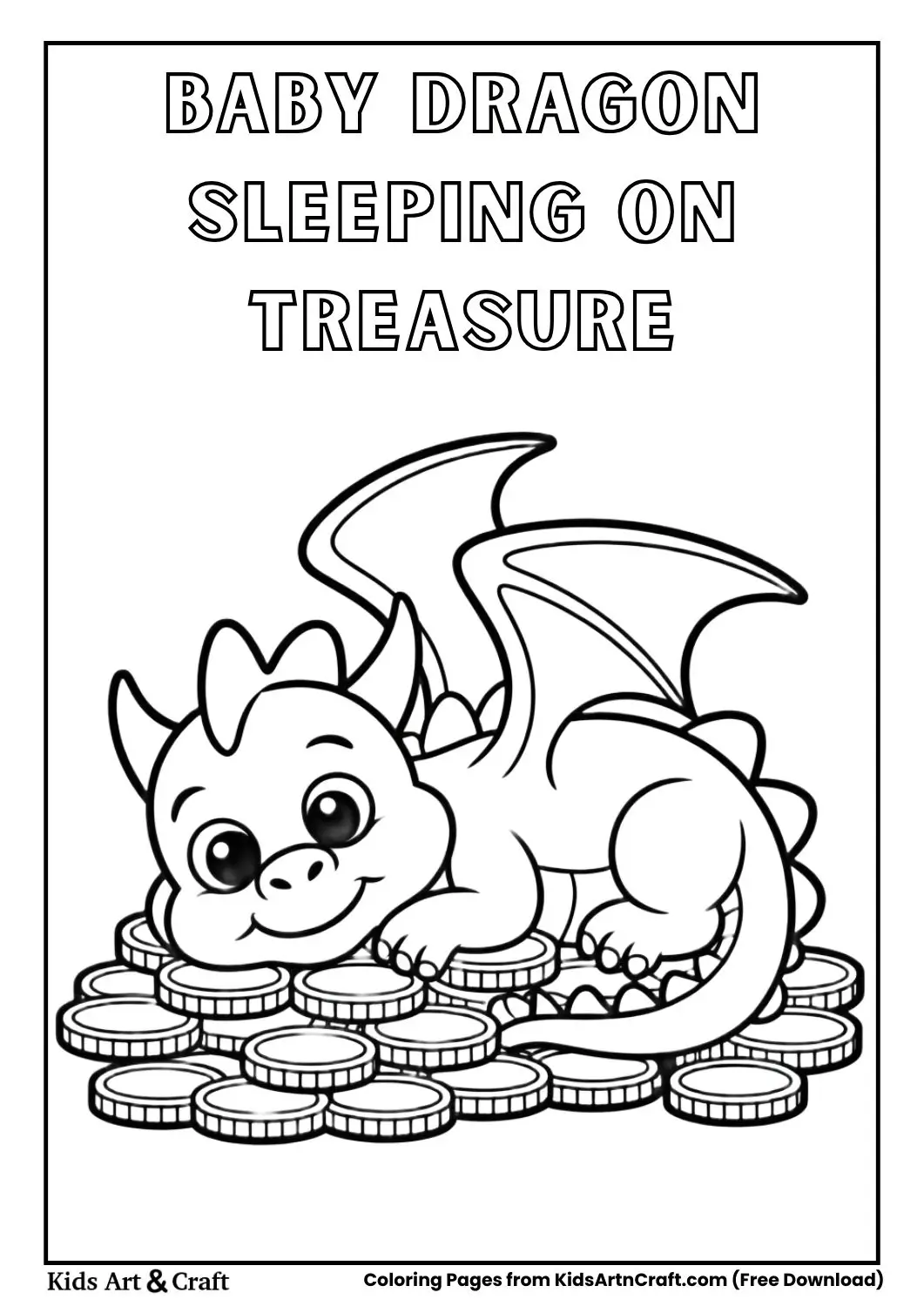 Cute baby dragon sleeping on a pile of treasure coins coloring page