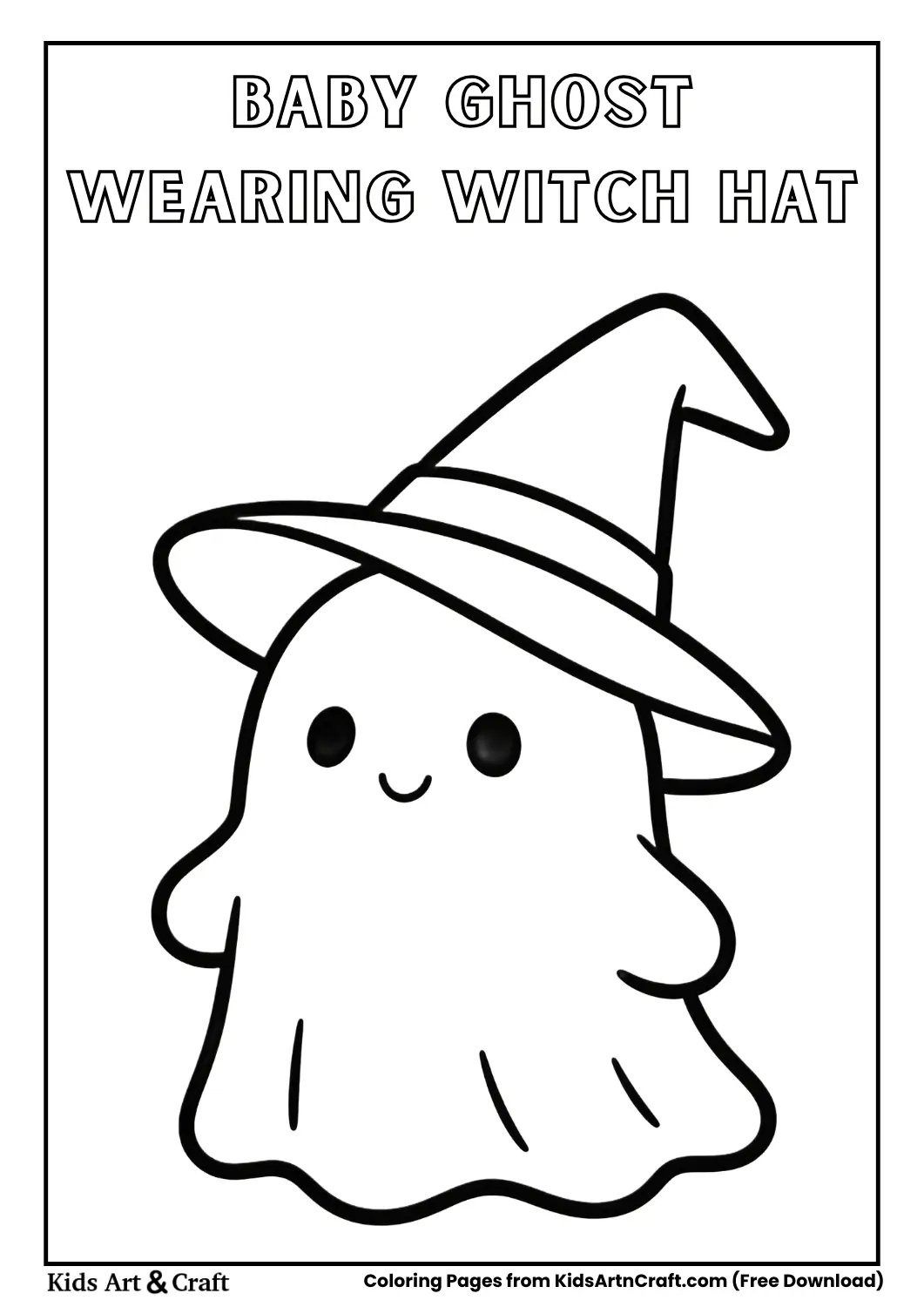 Cute baby ghost with small witch hat, bold outline Halloween coloring sheet