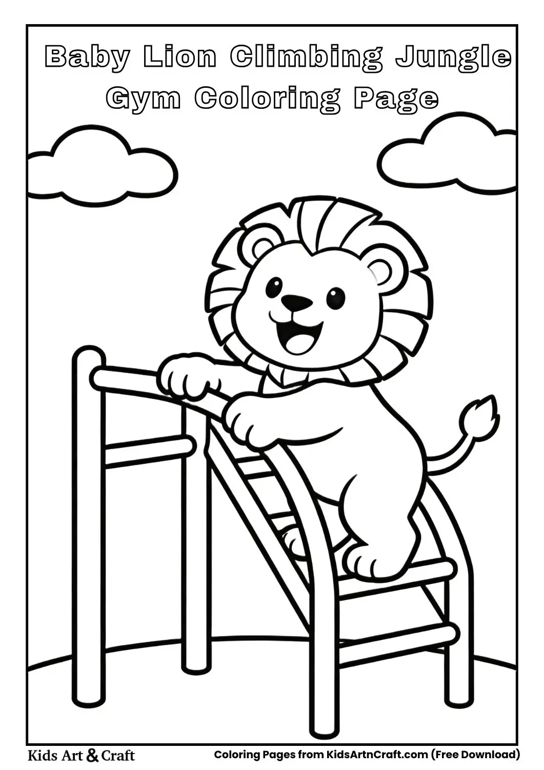 Smiling baby lion climbing a simple jungle gym black and white coloring page