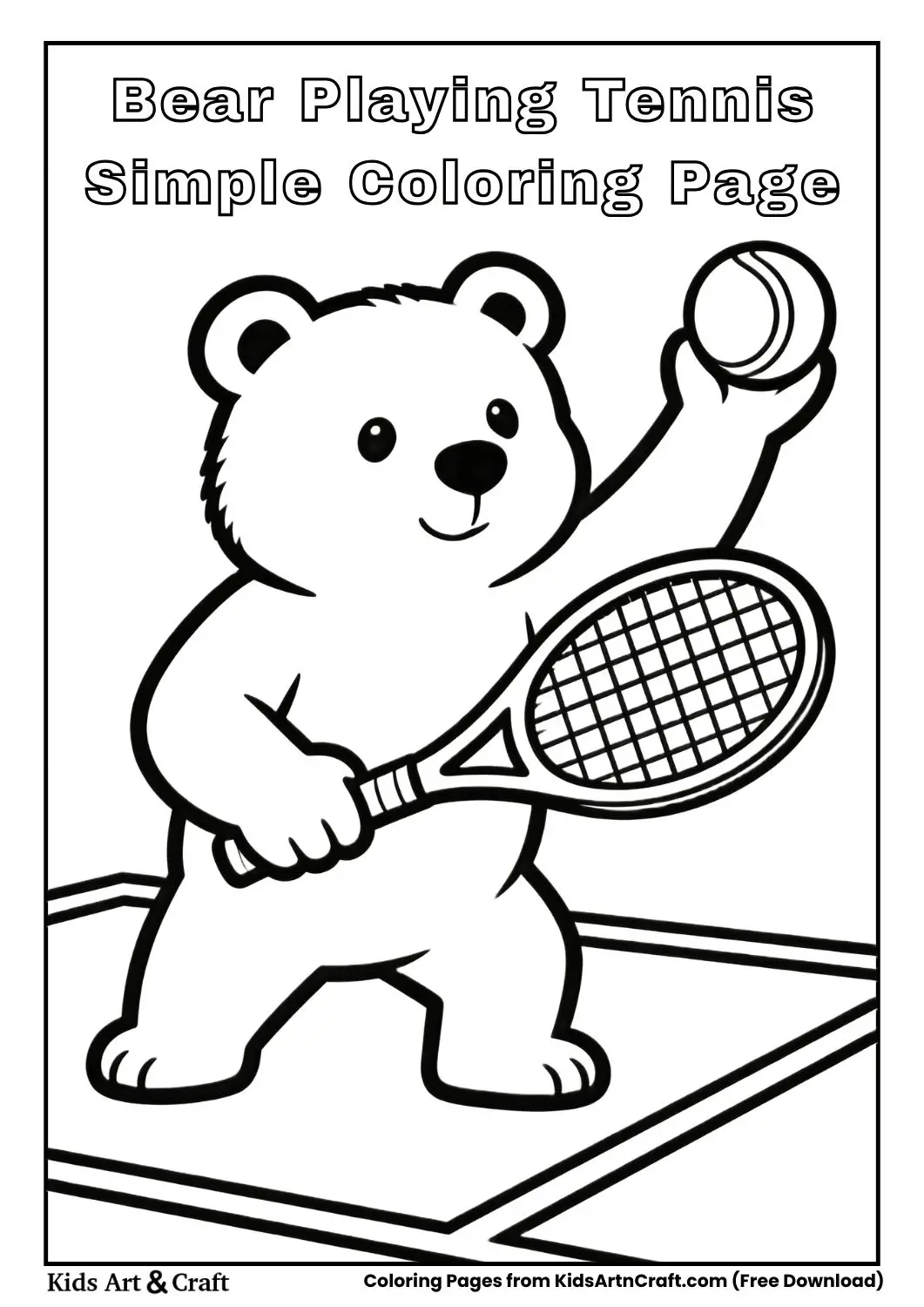 Cute bear holding tennis racket black and white coloring sheet