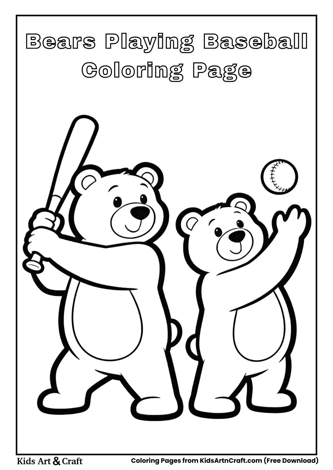 Black and white coloring sheet of cartoon bears batting and catching a baseball