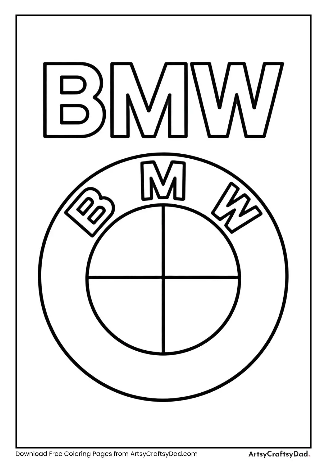 BMW circular logo coloring page with labeled text for kids