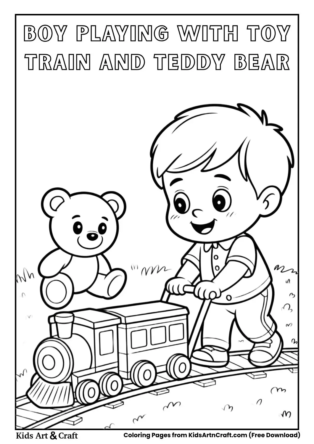 Boy pushing a toy train while teddy bear watches coloring page black and white