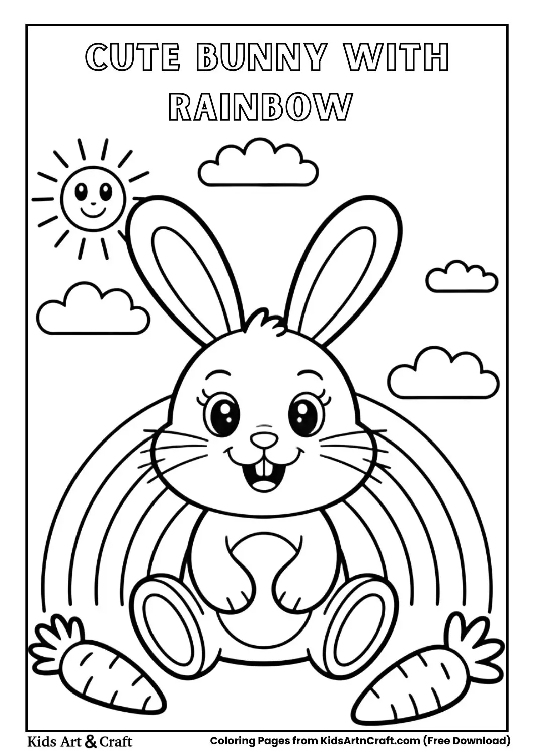 black and white coloring page of a bunny sitting beside a rainbow with carrots