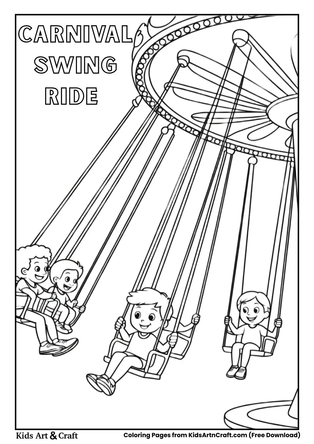 Kids enjoying a flying swing ride at a carnival coloring page