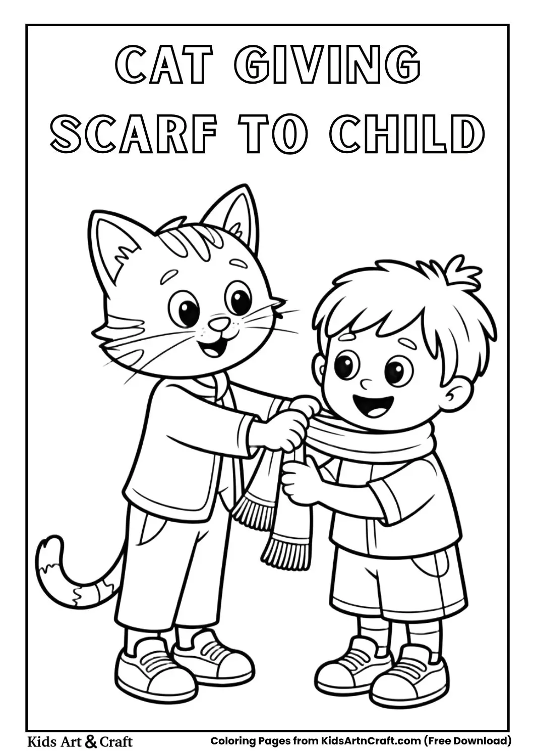 Cute cat placing a scarf around a child black and white coloring page for kids