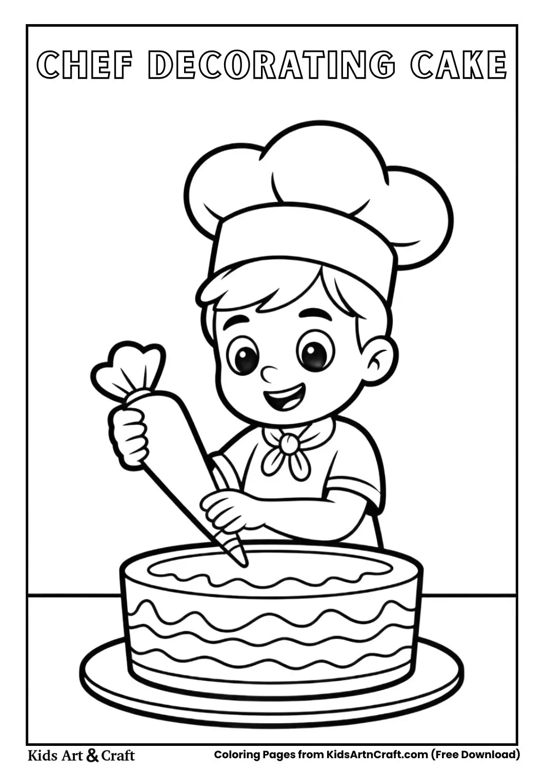 young chef decorating cake with piping bag coloring page