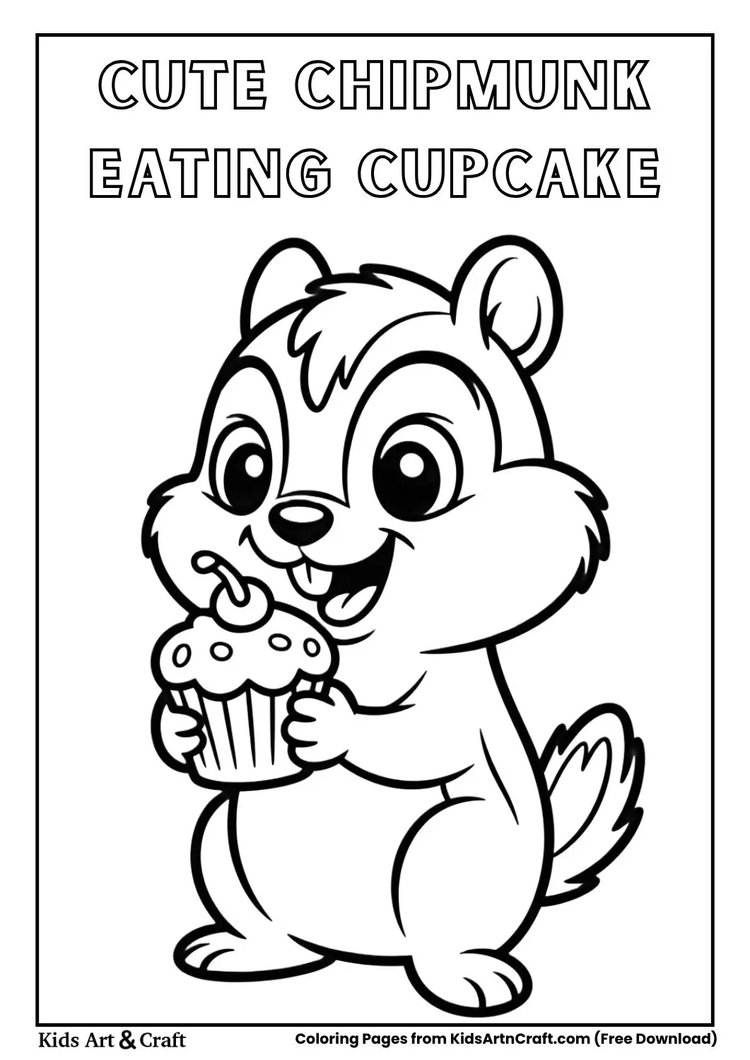 cute chubby cartoon chipmunk eating cupcake coloring page